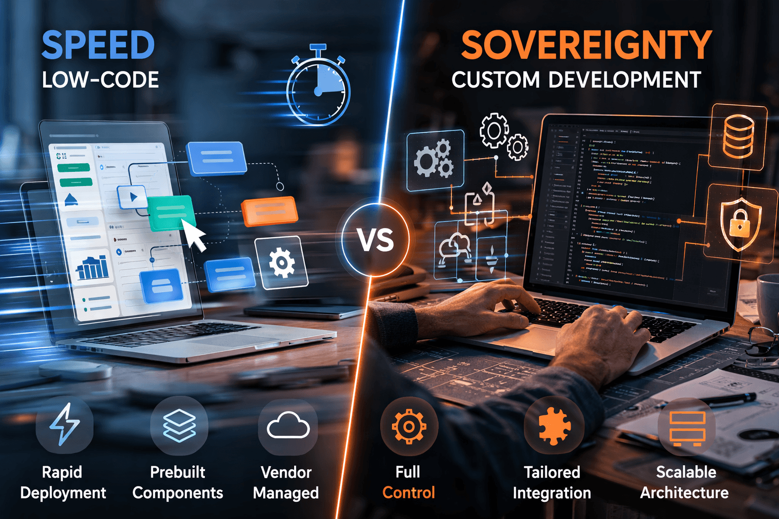 Low-code vs custom development comparison diagram